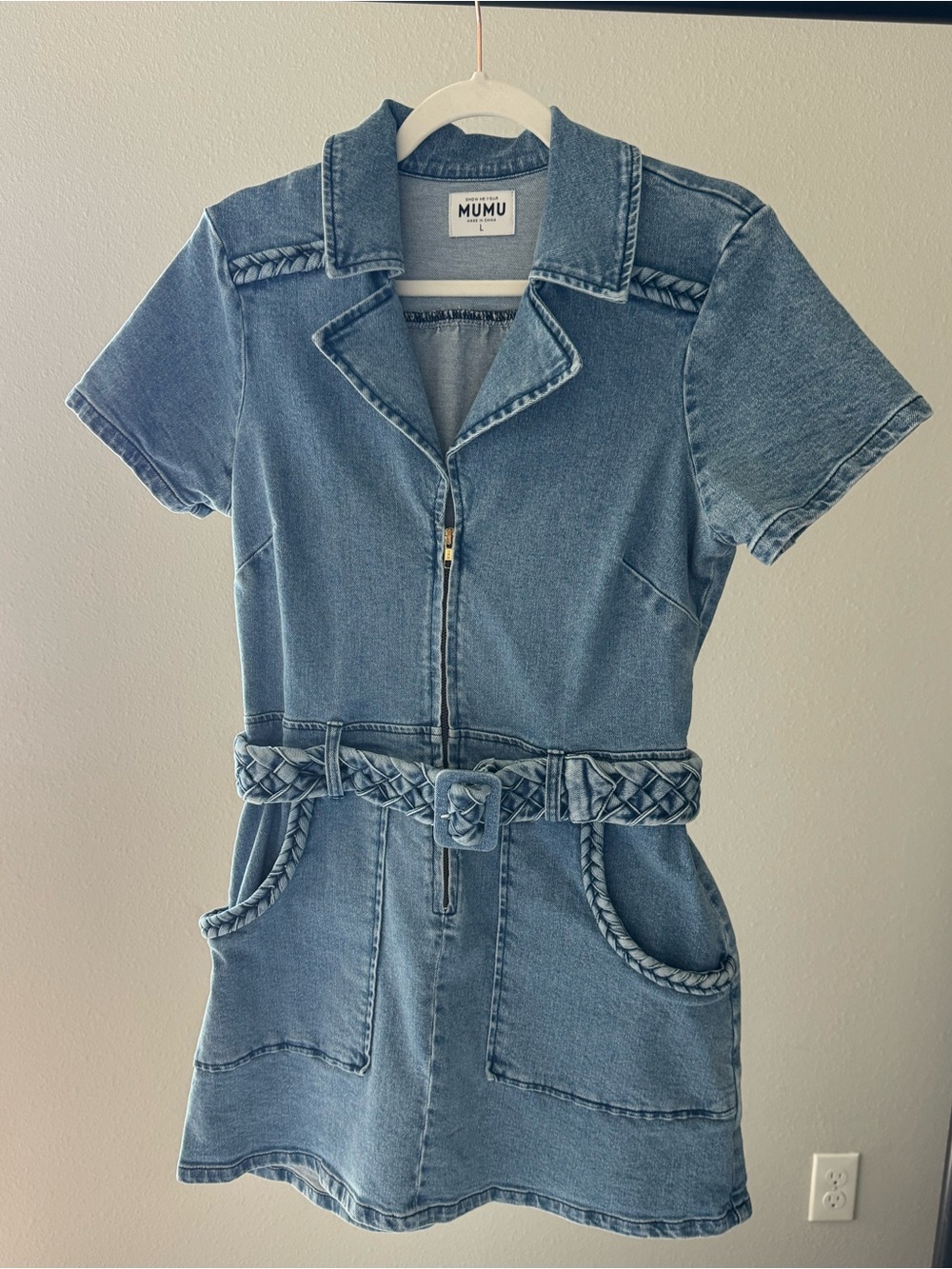 Show Me Your MuMu Girls' Short-Sleeve Denim Dress with Braided Belt - Blue